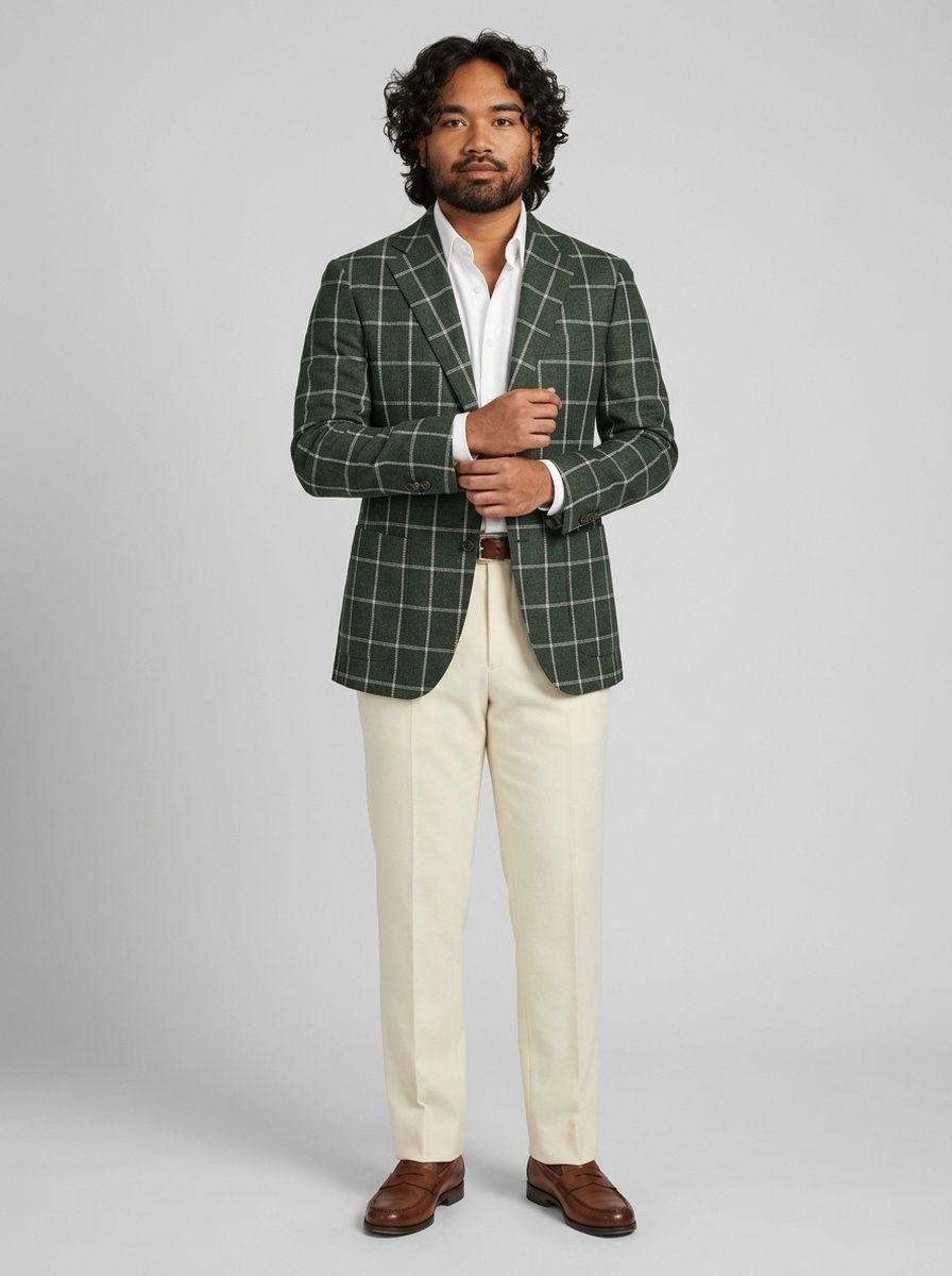 Client rendered in a forest-green windowpane sport coat with cream trousers